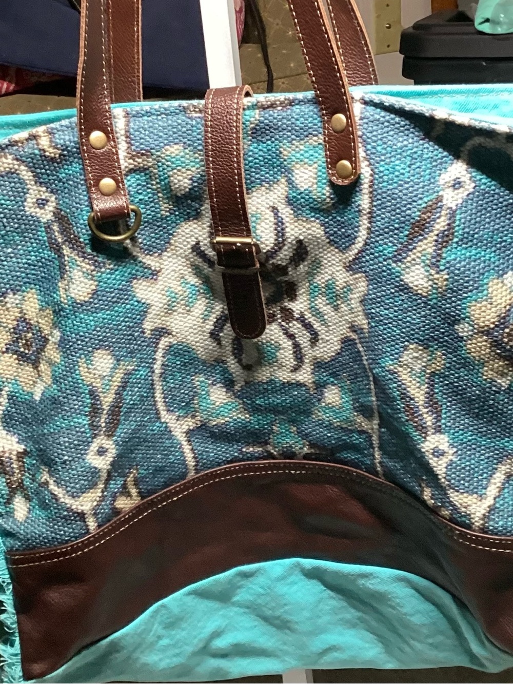 Myra Bag Turquoise Patterned Canvas Tote with Brown Leather Trim.